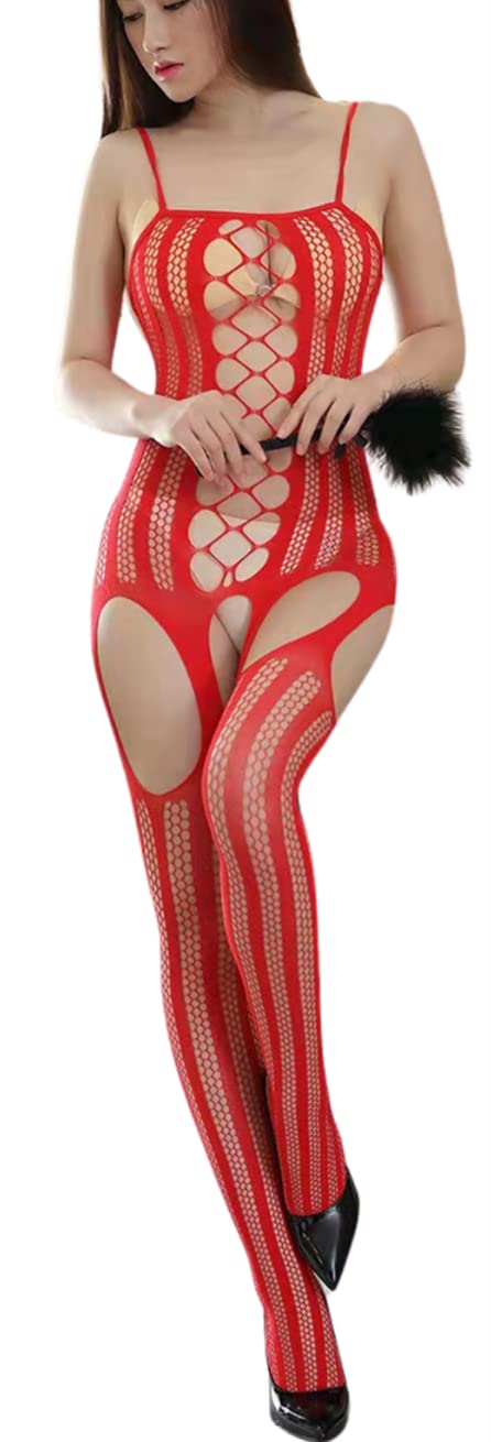 Bommi Fairy Women's Fishnet Chemise BobyStocking Babydoll Bodysuit Chemise Nightwear Perspective Lingerie Mini Dress Free Size (Red)