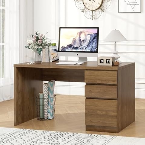 Vikiullf 53 inch Executive Desk, Wooden Home Office Desk with File Drawers, Large Farmhouse Computer Writing Desk for Study, Living Room, Bedroom Cover