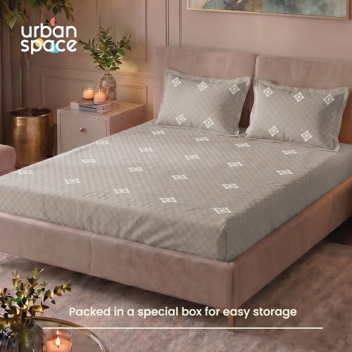 Image of Urban Space 100% Cotton 300TC Jacquard Embroidered bedsheets for King Size Bed, Pure Cotton King Bedsheet, Checks bedsheet King Size with 2 Pillow Covers (108 inch x 108 inch, Diamond Soft Brown)