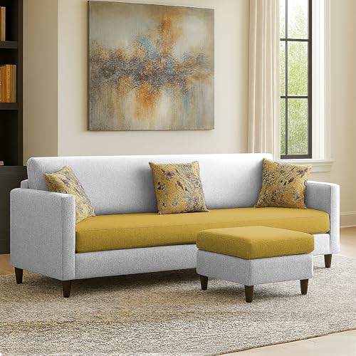 Image of Casaliving Premium Lifestyle Fabric 4 Seater L Shape Sofa Set 3 Seater Modern Sofa Set & Ottoman for Living Room (Yellow Grey Color) Premium Fabric
