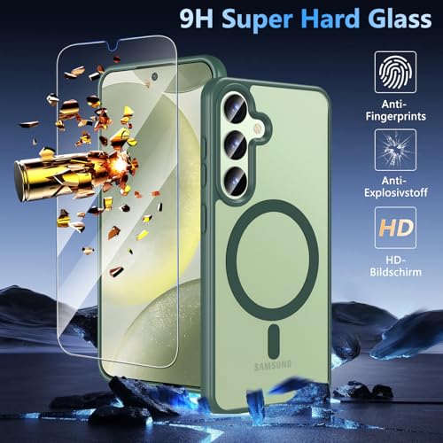 Image of OWKEY for Galaxy S24|S25 Case 6.2'',Magnetic Samsung Galaxy S24 /S25 Case for Magsafe with Tempered Glass Screen Protector, [Shockproof Military] Translucent Back Slim Bumper Cover S24 S25 Case, Green