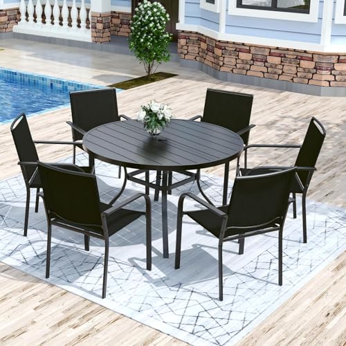 Image of Anmutig 7-Piece Outdoor Patio Dining Set, 6 Stackable Chairs & 48-inch Round Weather-Resistant Table with Umbrella Hole for Lawn, Deck, Backyard, Black