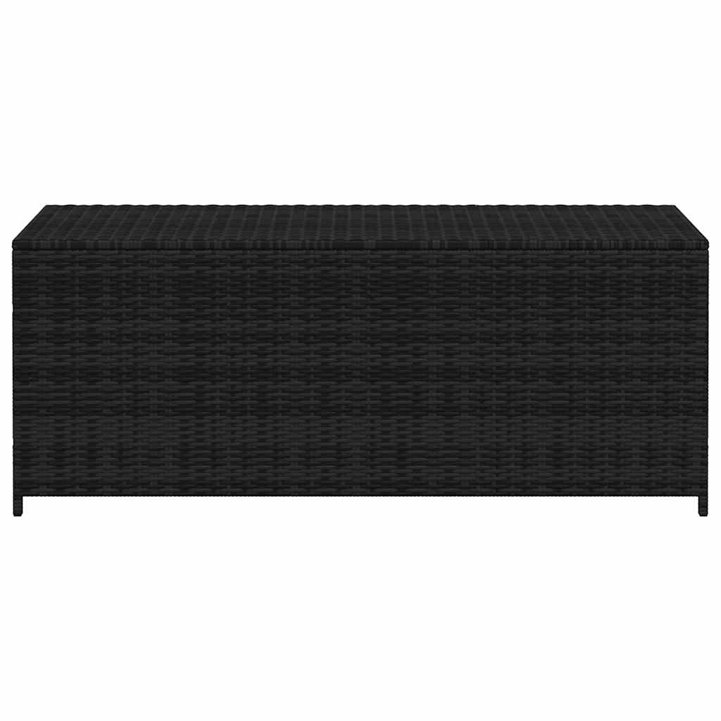 Arcón de polirratán negro con función de asiento para cojines de muebles de jardín, cuadros y paños, 150 x 50 x 60 cm, marco de acero con recubrimiento en polvo estable