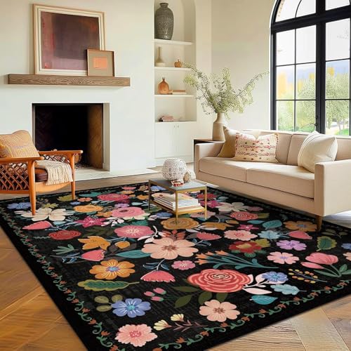 Tapis grand salon floral noir 160x230cm à poil ras doux - 3