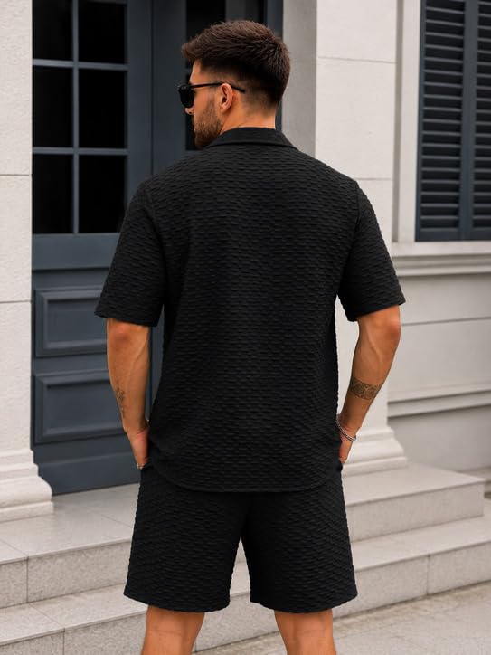 Image of Zilcon Men's Textured Co-Ord Set | Half Sleeve Cuban Collar Shirt & Shorts | Casual Summer Lounge Wear | Premium Matching Outfit