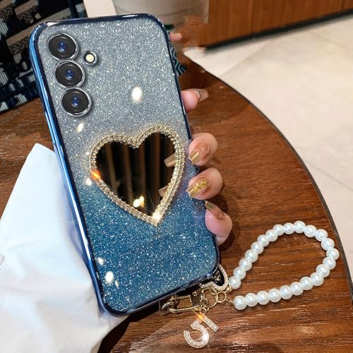 Coque Samsung Galaxy A35 5G luxe avec bracelet perles bleu miroir