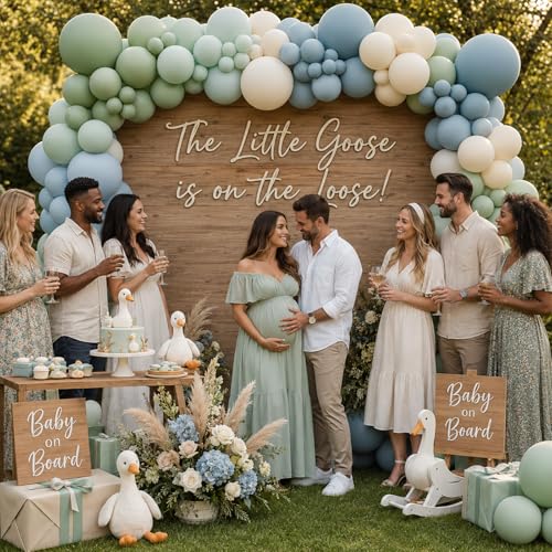 Image of Dusty Blue Sage Green Balloon Garland Arch Kit, 130 Pcs Fog Blue Light Blue Green Sand White Balloons for Baby Shower Bridal Shower Anniversary Birthday Boho Wedding Jungle Safari Party Decorations