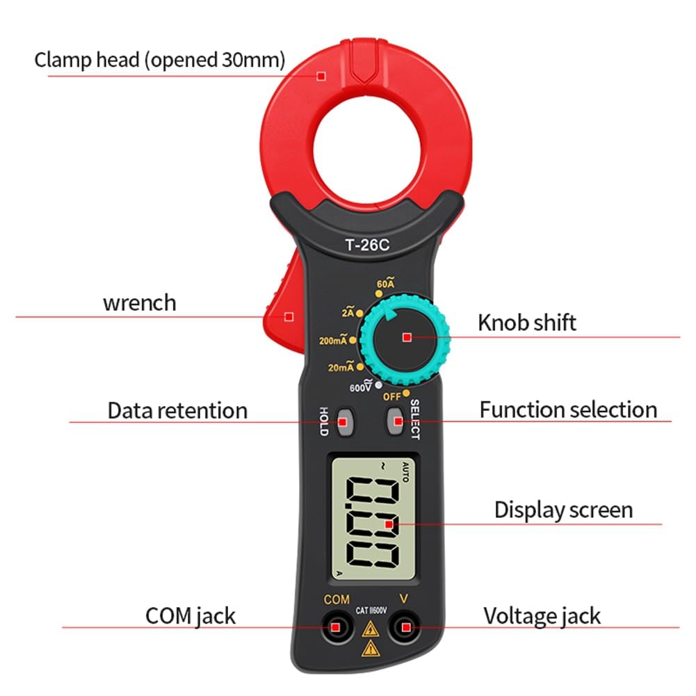 Amperímetro de Pinza Digital T-26C, Prueba de Corriente de Fuga 20 mA a 60 A, Rango Automático