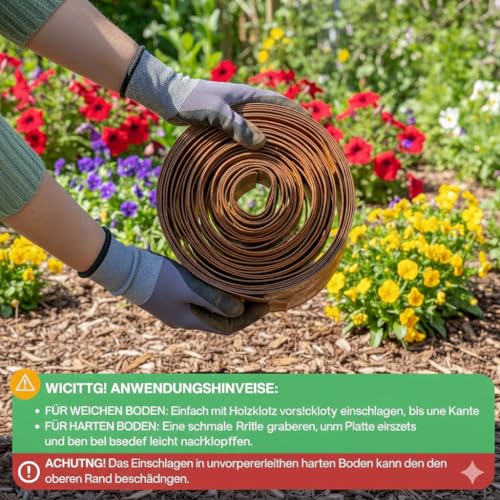 Wetterfeste Cortenstahl Rasenkante 10 m, 15 cm Hoch – Metall Beetumrandung mit Gitter, Einfache Montage, Inkl. 1 Paar Montagehandschuhe