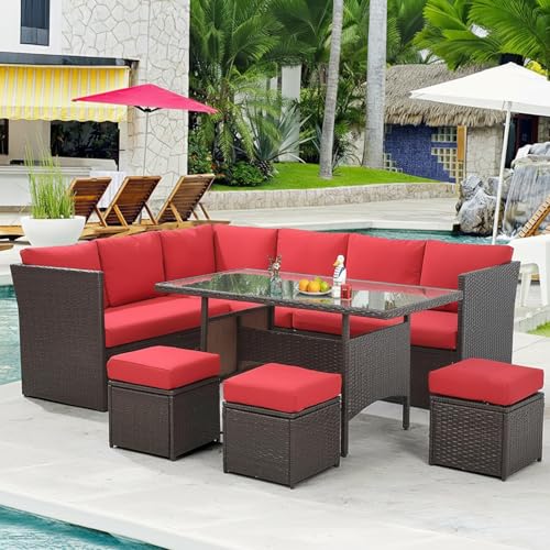 Image of DEVOKO 6 Pieces Patio Furniture, Outdoor Dinning Set HDPE Wicker Conversation Sofa Outside Couch with Table (Dark Brown and Red)