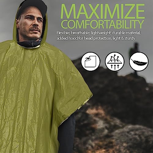Image of FosPower Emergency Rain Poncho [4 Pack] [Retains 90% Body Heat] Reusable Weather Resistant Raincoat for Men, Women, Adults, Camping, Hiking, Emergency Supplies & Survival Kits (Green)