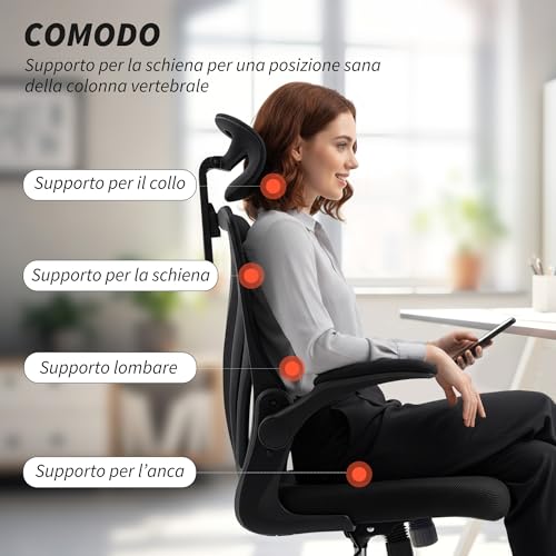 Homcom Sedia Da Ufficio Ergonomica Con Braccioli Ribaltabili E Schienale Pieghevole, Sedia Per Scrivania Con Funzione Dondolo, Poggiatesta Regolabile, Seduta Girevole, Nero - 4