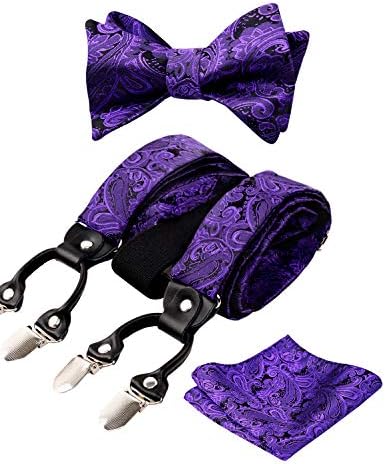 Alizeal Mens Adjustable Floral Paisley Self-tied Bow Tie, Pocket Square and Elastic Y Shape 6 Clips Braces Set