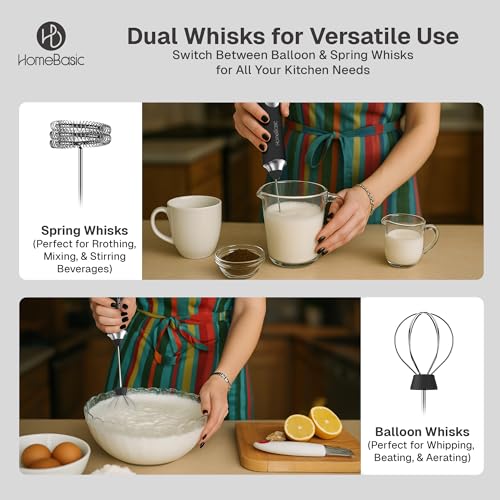Image of HOMEBASIC Coffee Frother Electric Handheld, 3-Speed Milk Frother Rechargeable with Dual 304 SS Whisks, 8000 RPM Foam Maker for Latte, Cappuccino, Matcha, Eggs | Whisk Wave (Black)