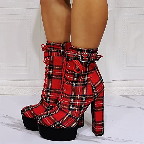 Frankie Hsu Fashion Platform Chunky Block Heel Red Plaid England Lattice Preppy Look Modern Cool Girl Style Large Big Size Block High Ankle Short Bootie for Women Men3
