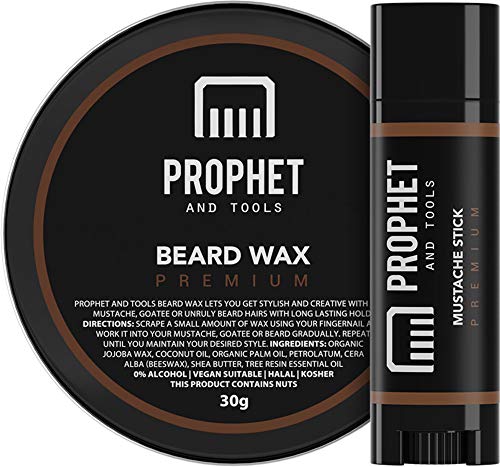 PREMIUM Beard Wax & Moustache Stick Set for Men Grooming | Hold Level = Strong - Designed for Styling, Straightening and Molding Facial Hair - 24 Hour Hold, Management and Easy Wash Out