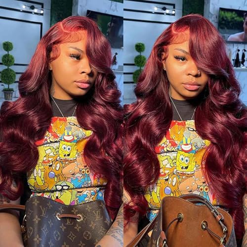 Image of JTMMP 20 Inch 99J Burgundy Lace Front Wigs Human Hair 13x6 Body Wave Lace Front Wigs Human Hair Pre Plucked 99j Burgundy Red Wine Glueless Wigs for Women