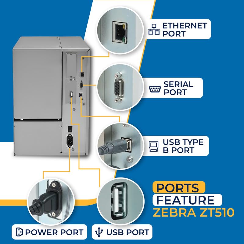 Zebra ZT510 Thermal Transfer & Direct Thermal Rugged Industrial Printer | 203 DPI | ZT51042-T010000Z | USB Bluetooth Serial Ethernet Connectivity | Replaces 105SL Plus | Includes Jet Set Software