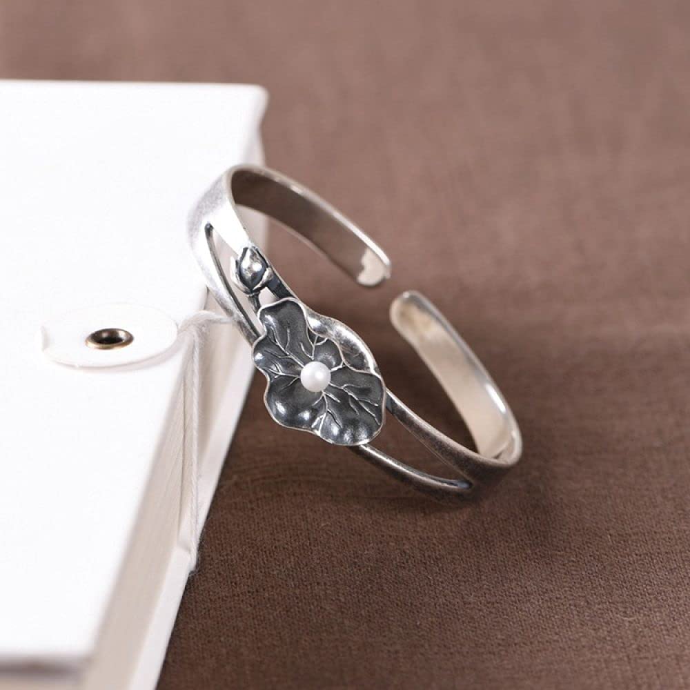 Silberarmreif für Damen, S925-Silberarmband, Vintage-Lotusblatt mit Perle, offener Armreif, Freundschaftsarmbänder, Sterlingsilber-Schmuck für Frauen, Freundin