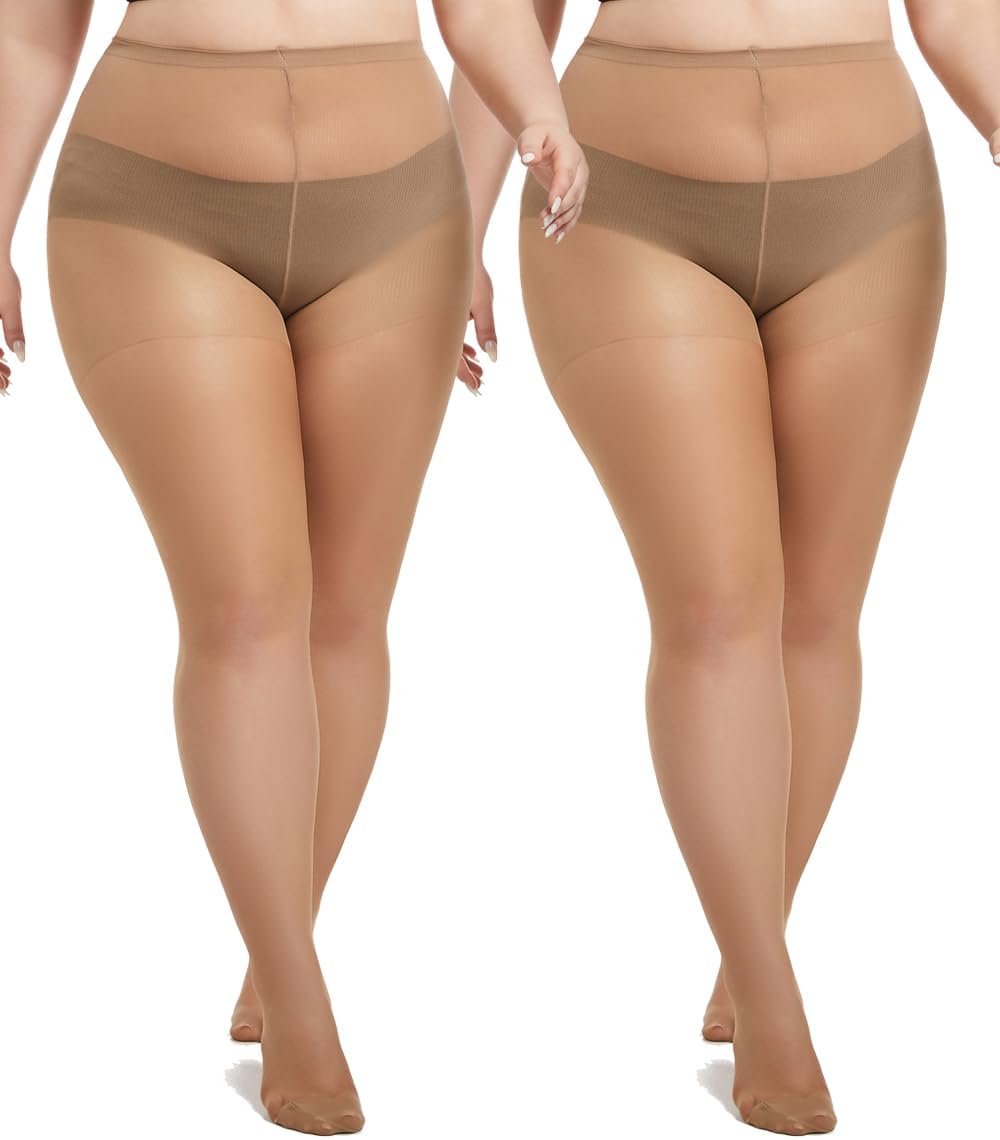MERYLURE Plus Size Tights for Women, 20D Ultra Thin High Waist Pantyhose with Reinforced Toes Sheer Stockings 2 Pairs