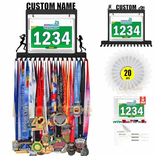 Image of Personalized Medal Holder with Name Display Rack for Awards Ribbons - Metal Custom Sports Race Plaques Hanger for Wall Mount Hold Up 63 Medal Hanger Display for Athlete Boy Girl Kid
