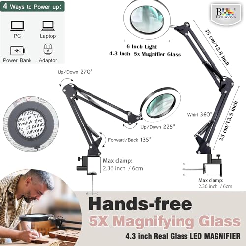 Image of BROLAVIYA Overhead 5X Magnifying Glass with Led Light and Stand, 3 Color Modes Dimmable, Large 2 Way Base clamp, Magnifier Desk Lamp for Close Work, Repair, Crafts, Makeup, Reading, Photography