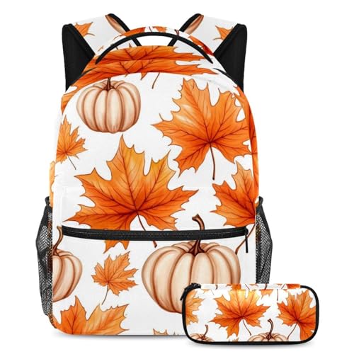 Sac à dos citrouille et feuilles d'érable avec trousse assortie pour l'école