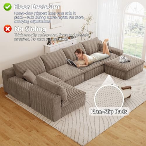 Image of 136 inch Cloud Couch Modular Sectional Sofa for Living Room, U-Shape Boneless Couch with Deep Seat, Modern Corduroy 5-Seater with Ottoman, No Assembly Required, Camel