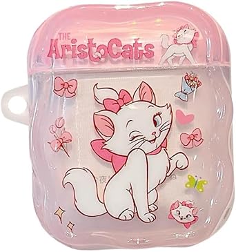 Soft TPU Case with Keychain for Apple AirPods 1 2 3 4 Pro Marie Cat Kitty Kitten Pink Bow Light Color Cartoon Anime Cute Lovely Adorable Girls Kids for AirPods 3rd