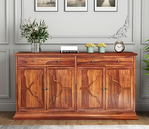 Image of SHIKHA WOOD CRAFT Solid Sheesham Wood Sideboard Cabinet with 2 Drawers & 4 Doors, Multipurpose Wooden Storage Organizer Furniture for Living Room, Kitchen, Crockery, and Bedroom (Honey Finish)