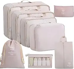 Kit Organizador de Malas para Viagem 8 Peças – Conjunto com Bolsas, Necessaire, Porta Roupas, Sapatos e Maquiagem – Ideal para Bagagem Organizada – Dobrável, Leve e Resistente (Bege)