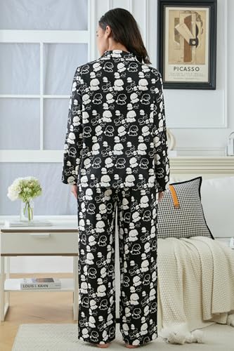 Image of YiNi LuLu Womens Silk Satin Pajamas Set Button Down 2 Piece Pjs Long Sleeve Oversized Sleepwear with Pockets