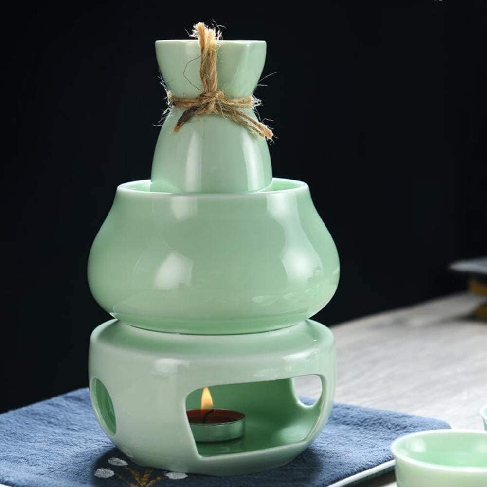 Sake Set and Mugs with Warm Traditiol Porcelain Ceramic Hot Saki Drink Set Kit 7-Piece Comprise 1 Stove 1 Bowl 1 Sake Warming Bottle 4 Cup B (E)