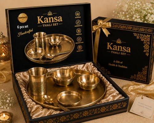 Image of Kansa Bronze Thali Set Matte Etching Design Dinner Set with Plate Glass 2 Bowls Dessert Bowl Spoon Ayurvedic Traditional Indian Serveware Handmade Gift Set for Home Dining Festival Use