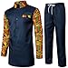 LucMatton Men's Kente Print African 2 Piece Set Long-Sleeve Button-up Shirts and Pants Dashiki Suit Navy X-Large