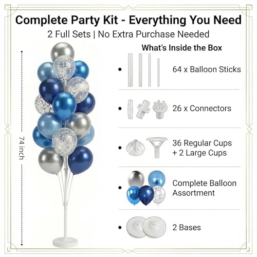 Image of Blue Silver Balloon Column Kit Set of 2 With Dark Navy Confetti Balloons Included-Balloon Tower Stand, Base&Pole,Backdrop Decoration for Wedding, Baby Shower,Birthday,Graduation,Engagement Party