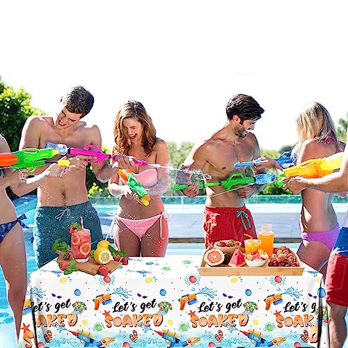 Image of Summer Party Decorations Pool Tablecloth, 3Pcs Let's Get Soaked Tablecloth Rectangle Water Gun Table Cover for Summer Pool Water Gun Soaked Splish Splash Party Supplies
