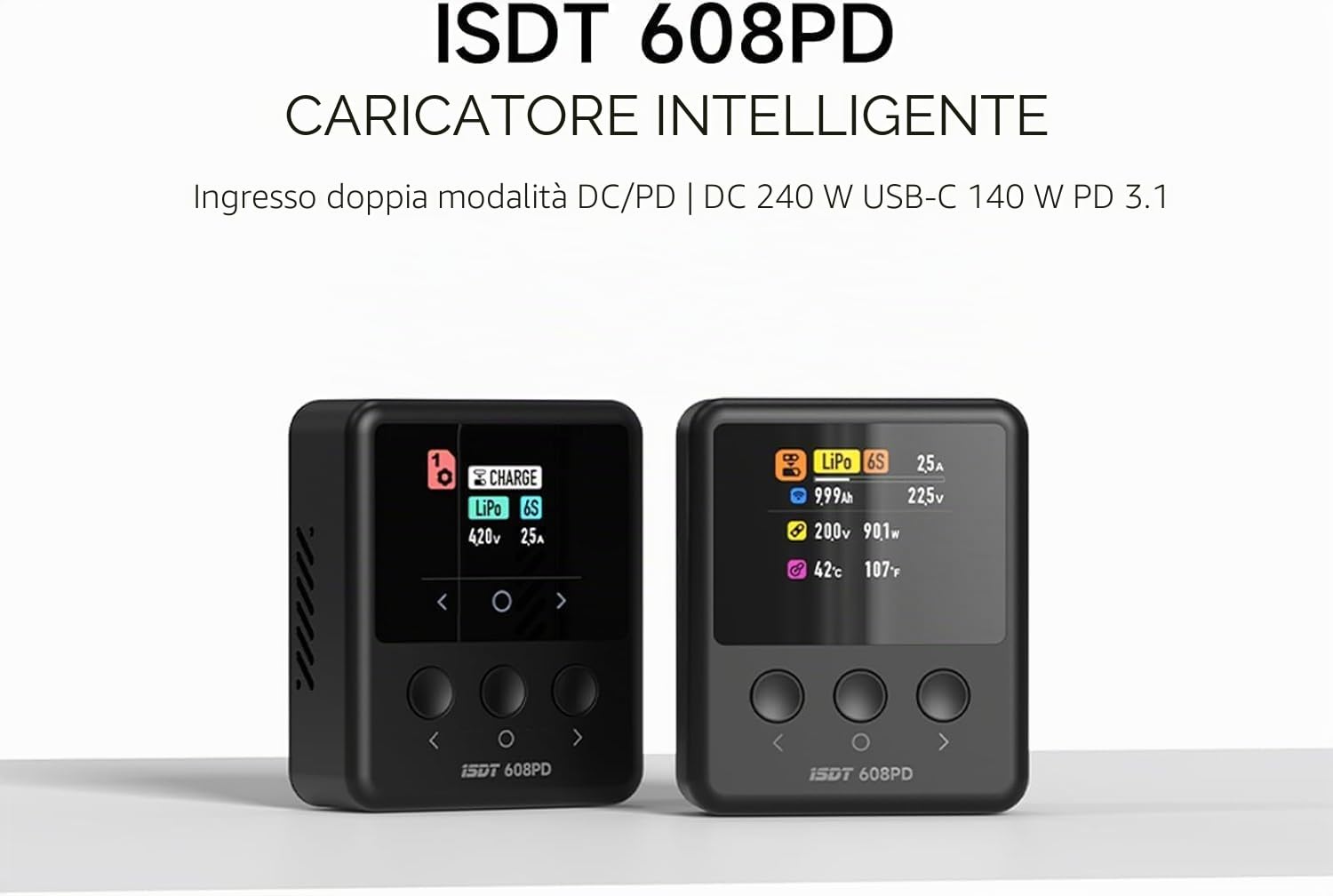 ISDT 608PD caricabatterie Lipo DC 6S/240W/10A USB C 100W/5A per batterie RC, caricabatterie bilanciatore per batterie Life/Lilon/LiPo/LiHV (1-6S), NiMH (1-16S), Pb (1-12S)