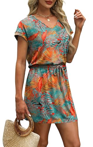 Image of OFEEFAN Summer Dresses for Women 2026 V Neck T Shirt Casual Mini Dresses Tie Waist Sundresses with Pockets