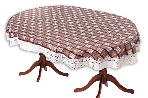 Image of The Furnishing Tree Waterproof PVC Oval Shaped 8 Seater Table Cover WxL 60x90 inches Basketweave Pattern Multicolor with White Border lace