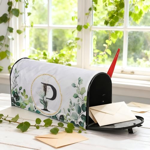 Image of Tiamon Monogrammed P Mailbox Covers Magnetic Eucalyptus Welcome Letter Box Wrap Standard Size 21x18 Inch Spring Summer Leaves Mailbox Decor Eucalyptus Letter Numbers Decoration for Outdoor Garden Yard