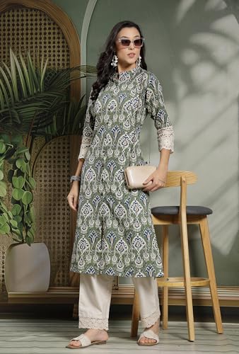 Image of Pistaa's Women's Cotton Regular Fit A Line Regular A-Line Printed Cutwork Sleeve Kurta