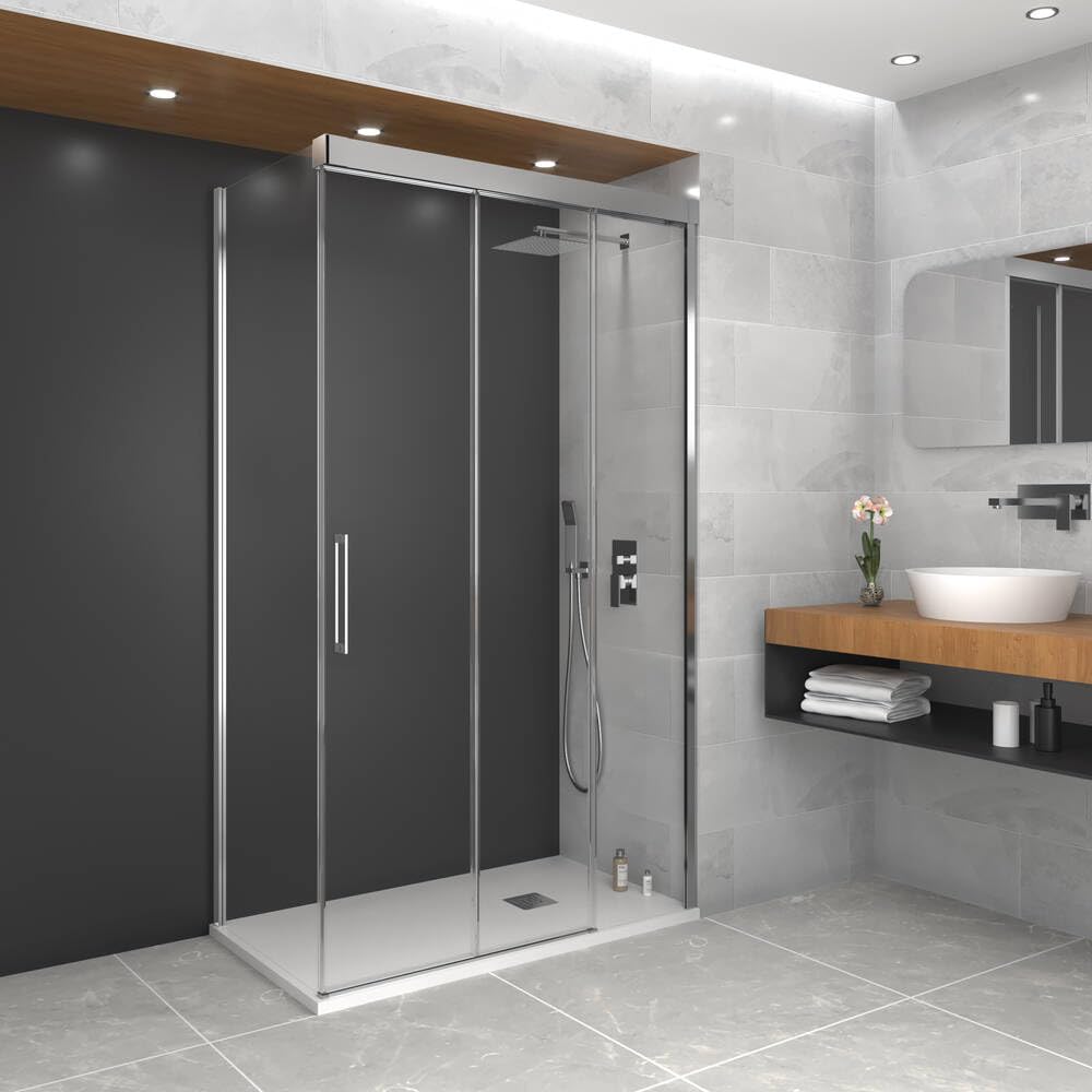 IMEX przegroda prysznicowa przednia 1 stała + 2 przesuwne 140 cm + 80 cm panel boczny stały chrom | parawan o regulowanej szerokości i wysokości 195 cm | hartowane szkło hartowane 6 mm antywalienne