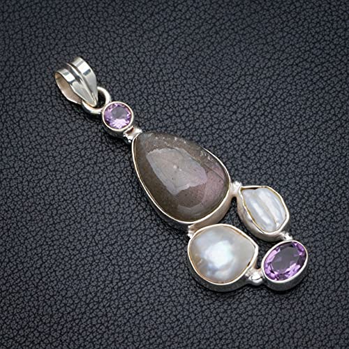 Pendentif labradorite de feu bleu véritable améthyste perle argent 925 vintage