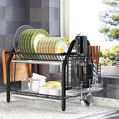 Dish Drying Rack, 1Easylife 2 Tier Dish Rack Stainless Steel with Utensil Knife Holder and Cutting Board Holder Dish Drainer with Removable Drain Board for Kitchen Counter Organizer Storage Black