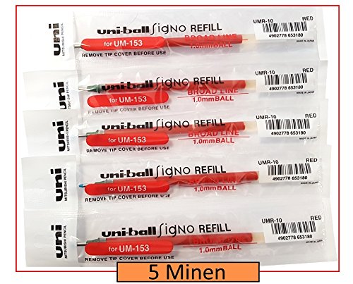 Uni Mitsubishi Refill, 5 x Textil/10/UMR10 for Gel Pen Signo reduces 153/Gel Impact for UM-153S, Black, Broad Point, 5 Pieces