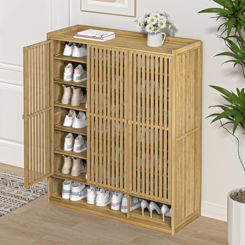 Bamboo Shoe Rack 8 Tier 3 Door Shoe Rack with Hollow Base Space S...
