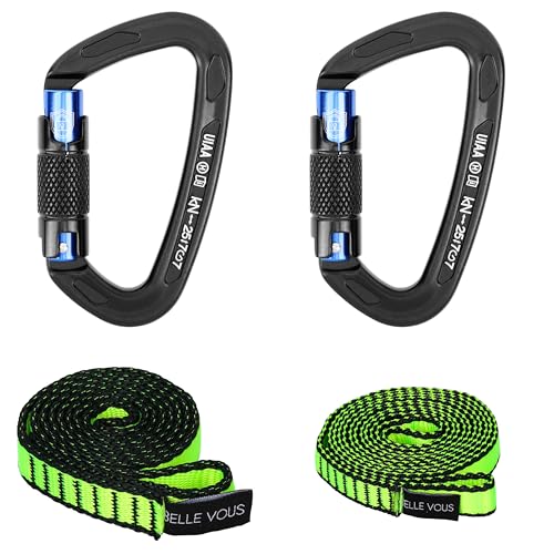 BELLE VOUS Set de Cuerda y Mosqueton - 2X Cuerdas de Nylon y Mosquetones de Escalada con Bloqueo Automático - para Hamacas Camping Rapel Montañismo o Equipos de Emergencia