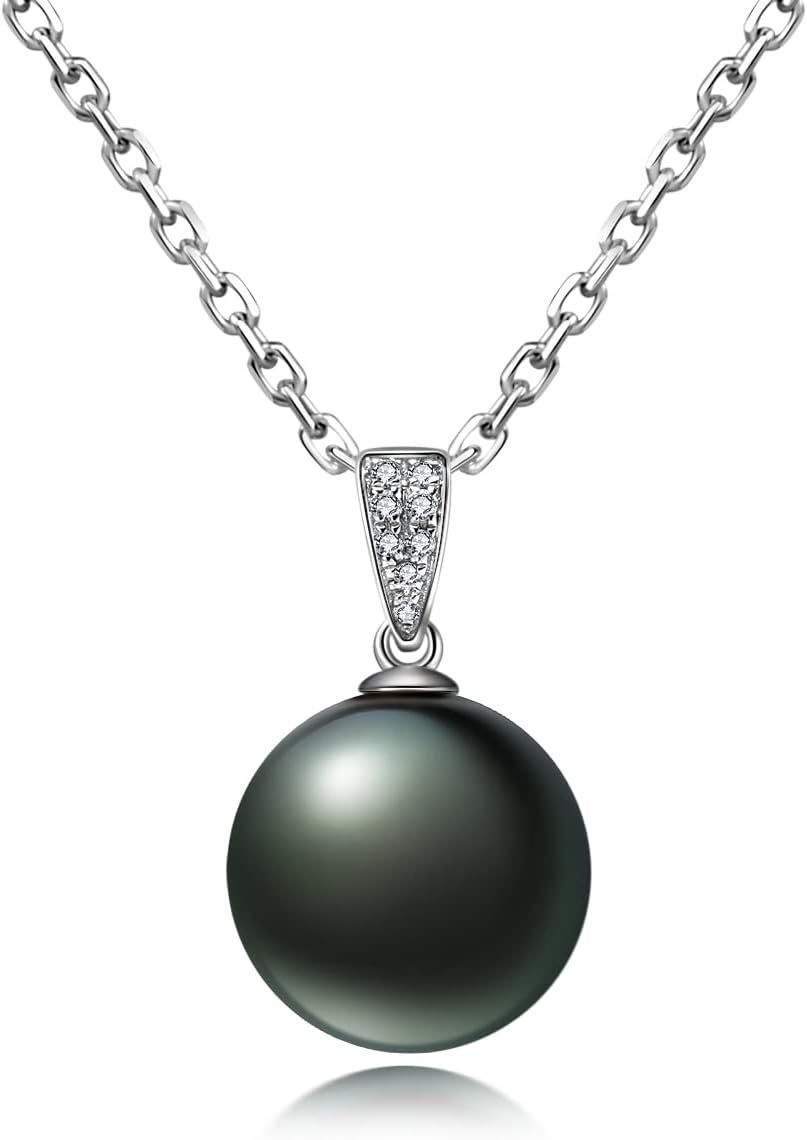 Tahitian Black Pearl Moissnaite Bar Necklace，Genuine Round Pearl Diamond Pendant Necklaces for Women