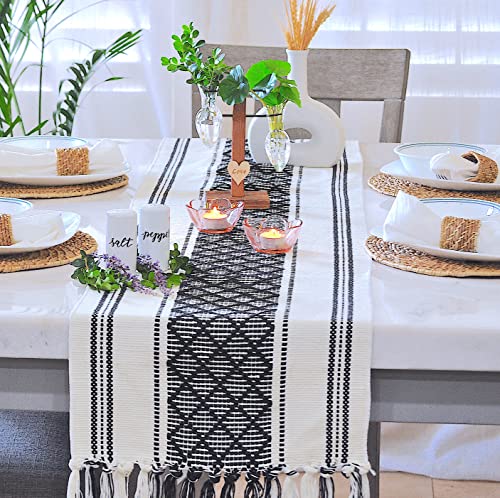 Boho Table Runner With Fringe 14 X 90 Inches, Black & Cream | Woven Washable Console Tabletop Runner / Dresser Scarf, Farmhouse Extra Long Heavy Cotton Table Topper Cover #TOP6